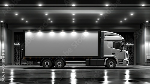 Fototapeta Naklejka Na Ścianę i Meble -  Modern Cargo Truck Parked Inside Warehouse at Night