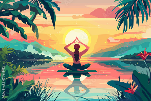 Woman Practicing Yoga and Meditating by Serene Lake During Vibrant Summer Season