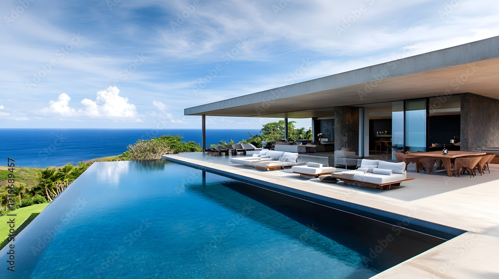Stunning infinity pool overlooking the serene landscape and ocean. Stunning infinity pool overlooking the serene landscape and ocean.