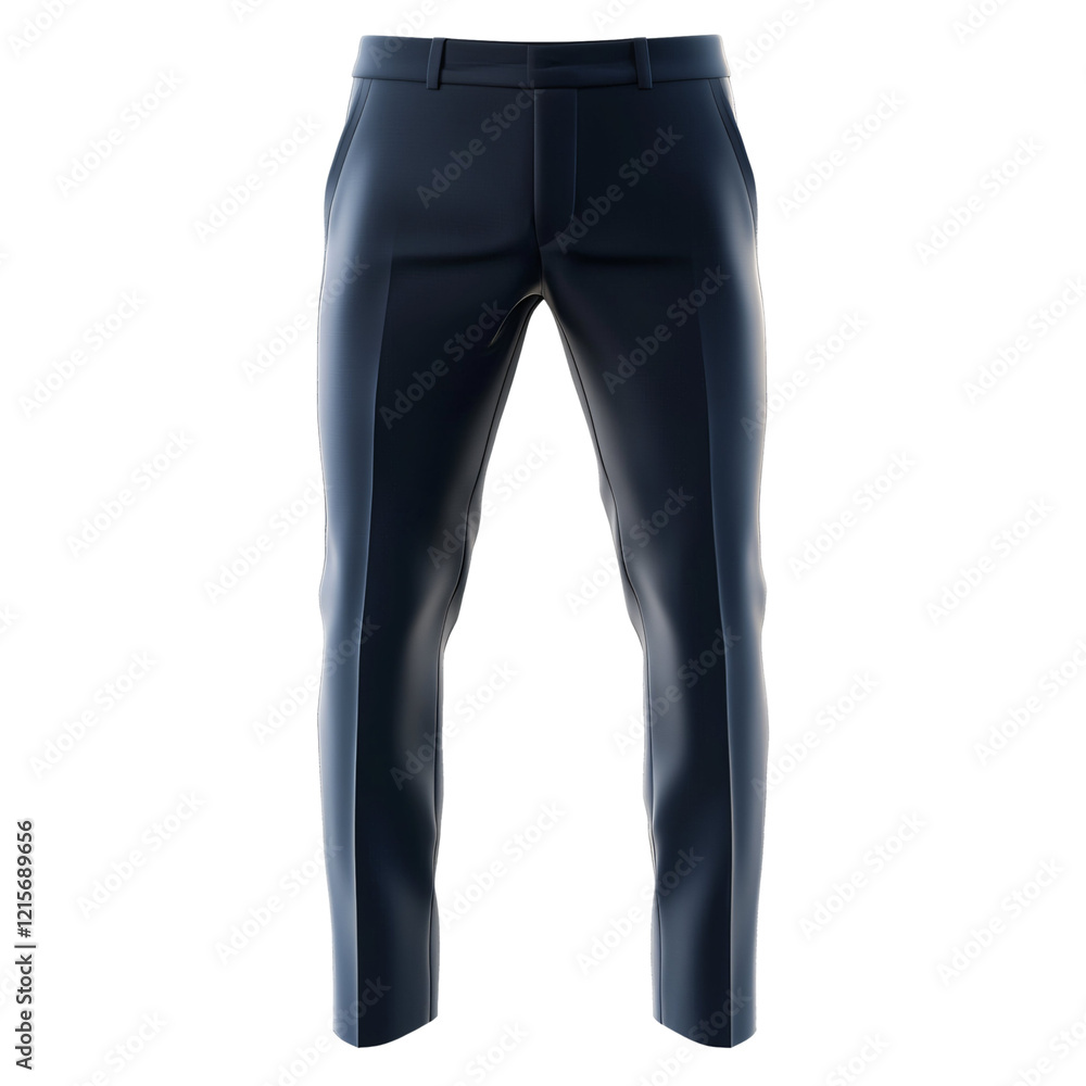 A pair of formal navy trousers displayed against a transparent background. A pair of formal navy trousers displayed against a transparent background.