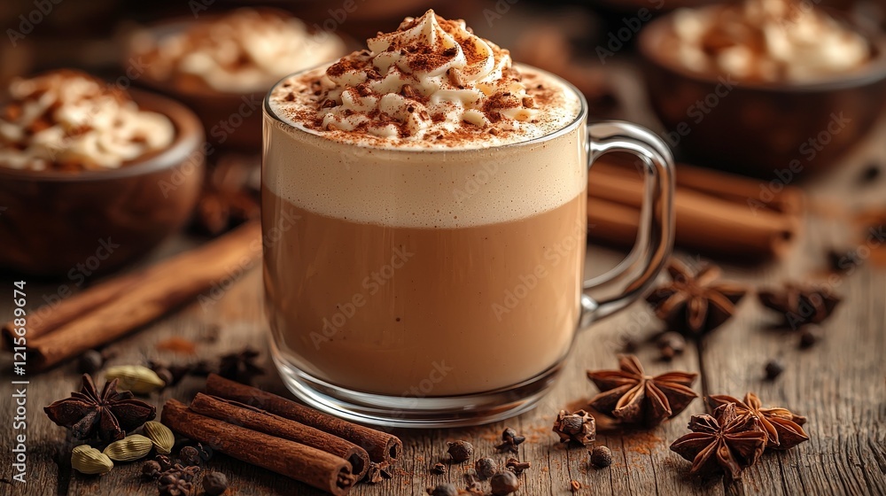 Warm Spiced Latte with Whipped Cream and Cinnamon Sticks on Rustic Wooden Table Warm Spiced Latte with Whipped Cream and Cinnamon Sticks on Rustic Wooden Table