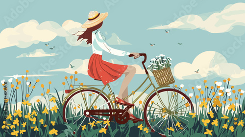 Woman Riding Vintage Bicycle with Basket Full of Flowers on Rural Road During Picturesque Summer Sunset