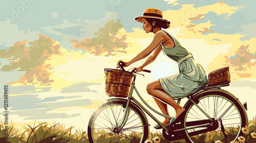 Woman Riding Vintage Bicycle with Basket Full of Flowers on Rural Road During Picturesque Summer Sunset