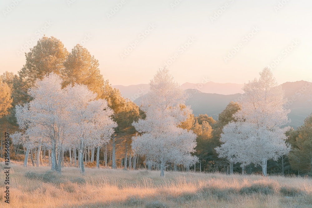Serene Sunset Landscape with White Trees and Golden Hills Serene Sunset Landscape with White Trees and Golden Hills