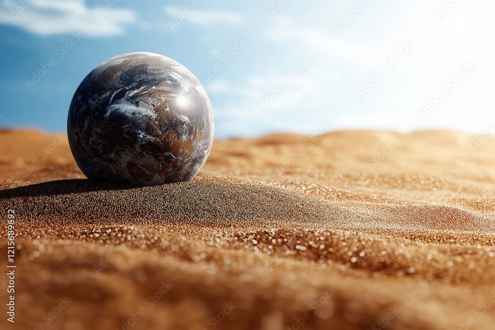 Visualizing the impact of global warming with a moon resting on the sandy surface of a vast desert landscape under a bright sky Visualizing the impact of global warming with a moon resting on the sandy surface of a vast desert landscape under a bright sky