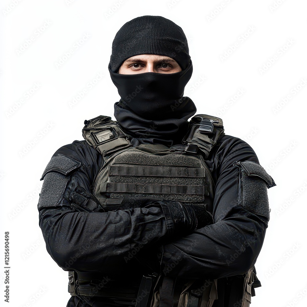 Soldier in Black Balaclava with Tactical Gear and Serious Expression Soldier in Black Balaclava with Tactical Gear and Serious Expression