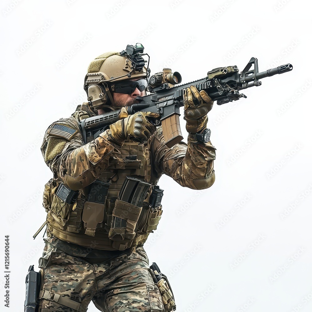 Fototapeta premium Special Forces Operative in Tactical Gear with Firearm Readiness