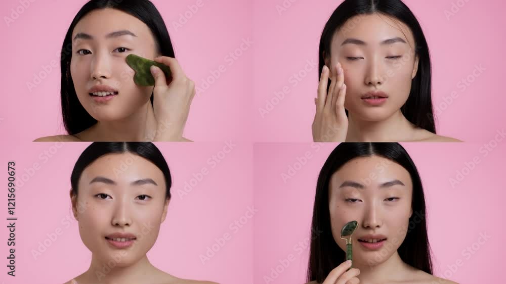 Four women of diverse backgrounds engage in skin care routines, highlighting the importance of self-care and pampering. A vibrant pink backdrop enhances their beauty and confidence. Four women of diverse backgrounds engage in skin care routines, highlighting the importance of self-care and pampering. A vibrant pink backdrop enhances their beauty and confidence.
