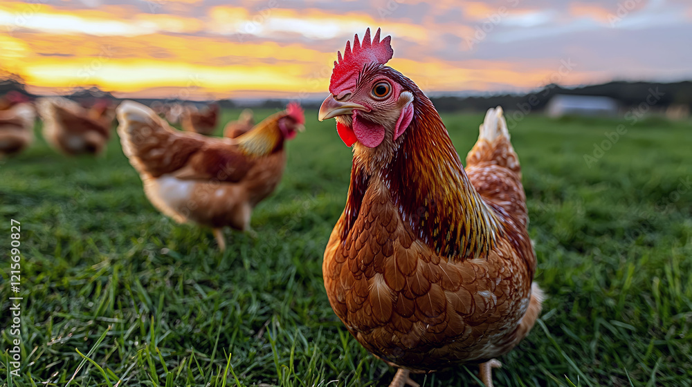 Fototapeta premium Majestic Hen in a Golden Sunrise: A Serene Farm Scene