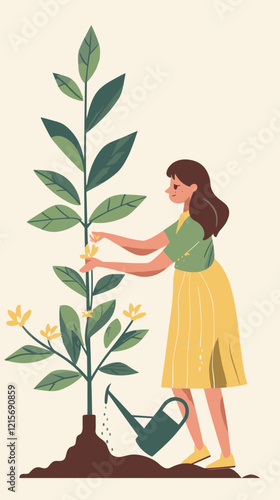 Woman Watering and Protecting Young Tree on Soil Background