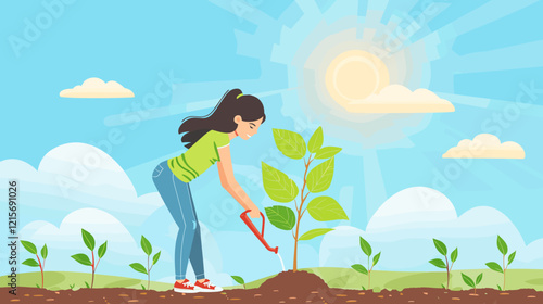 Woman Watering and Protecting Young Tree on Soil Background