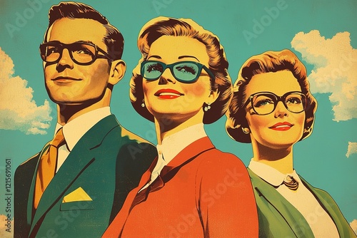 A vintage-inspired illustration featuring three stylish individuals in eyeglasses, showcasing a retro aesthetic against a bright, cloud-filled background.