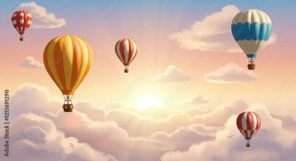 Obraz premium Hot air balloons, sky scene, pastel colors, dreamy atmosphere, sunset clouds, whimsical, peaceful, floating, magical, ethereal, serene landscape, gentle gradients, soft lighting, romantic, adventure, 