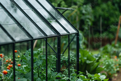 Tomatoes and squash thriving inside a backyard greenhouse, keeping dry on a rainy day photo