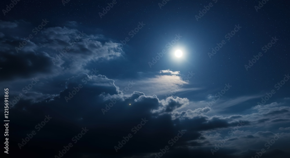 Fototapeta premium night sky, full moon, dramatic clouds, moonlight, ethereal atmosphere, celestial scene, dark blue hues, wispy clouds, starry background, moody lighting, atmospheric, serene landscape, mystical ambianc