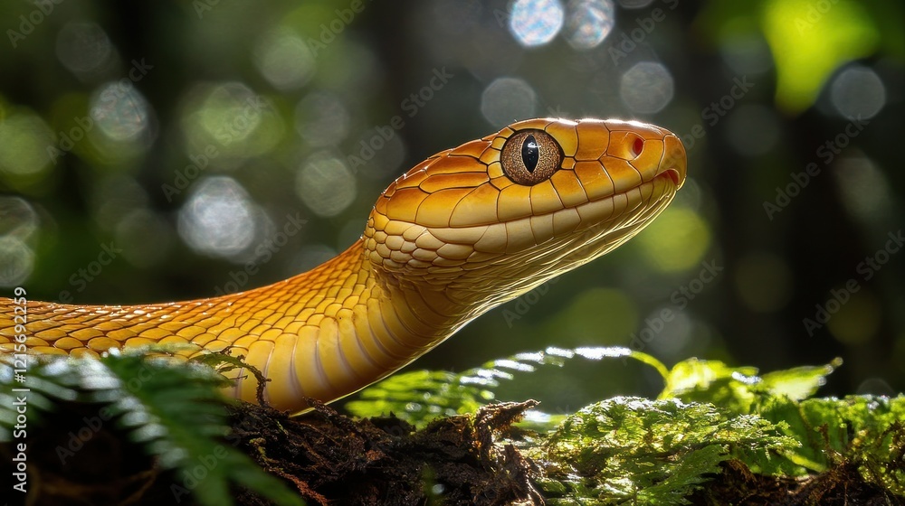 Obraz premium Golden snake rainforest closeup, bokeh background, wildlife photography