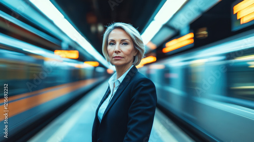 Wallpaper Mural A middle-aged businesswoman in a suit stands on the subway platform, with blurred passing trains and motion blur behind her Torontodigital.ca