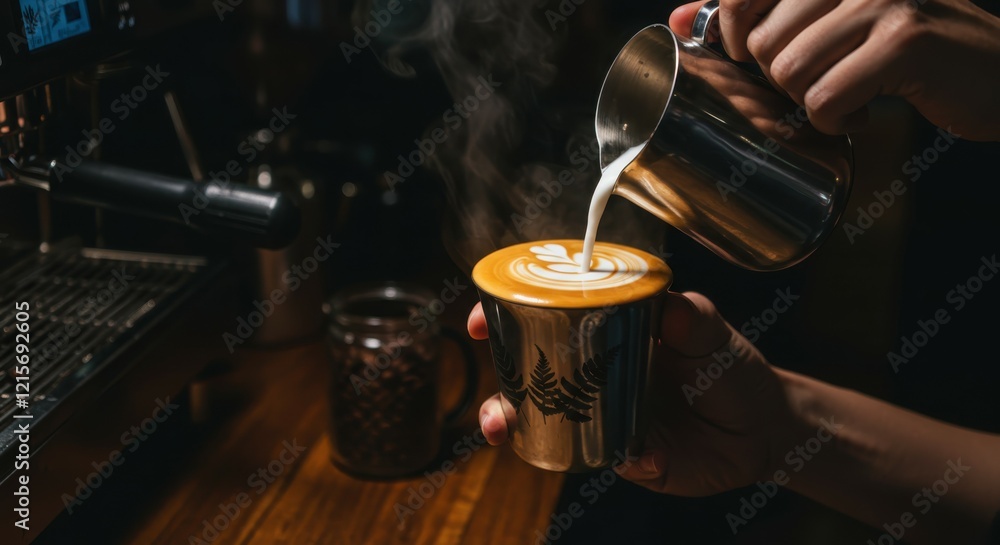 Naklejka premium Barista pouring latte art, steaming milk pitcher, espresso machine, dark coffee shop ambiance, rich brown tones, close-up shot, skilled hands, artisanal coffee making, moody lighting, vintage wooden c
