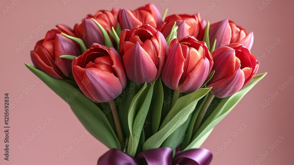 Spring Bouquet of Red and Purple Tulips Wrapped in Purple Ribbon, on Pink Background With Copy Space Spring Bouquet of Red and Purple Tulips Wrapped in Purple Ribbon, on Pink Background With Copy Space