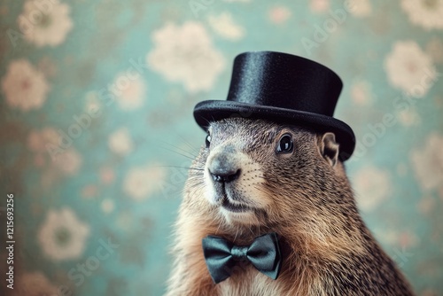 Dapper Groundhog in Top Hat and Bow Tie