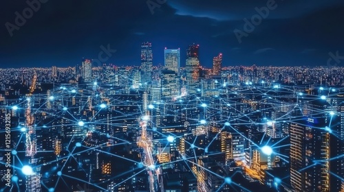 Night Cityscape Illuminated with Network Connections