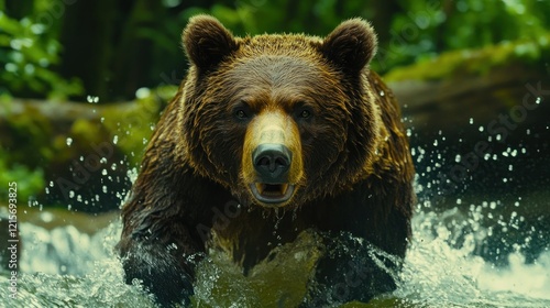 Grizzly bear charging river, forest backdrop, wildlife documentary photo