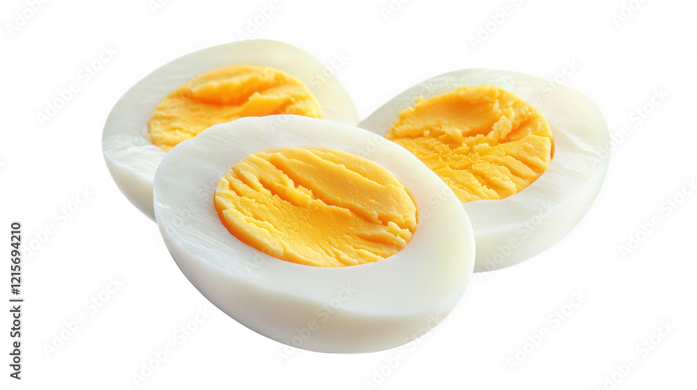 three halves of hard-boiled eggs. showcasing their smooth white exterior and rich yellow yolk the eggs are arranged neatly against a clean. white background. emphasizing their texture and color. makin three halves of hard-boiled eggs. showcasing their smooth white exterior and rich yellow yolk the eggs are arranged neatly against a clean. white background. emphasizing their texture and color. makin