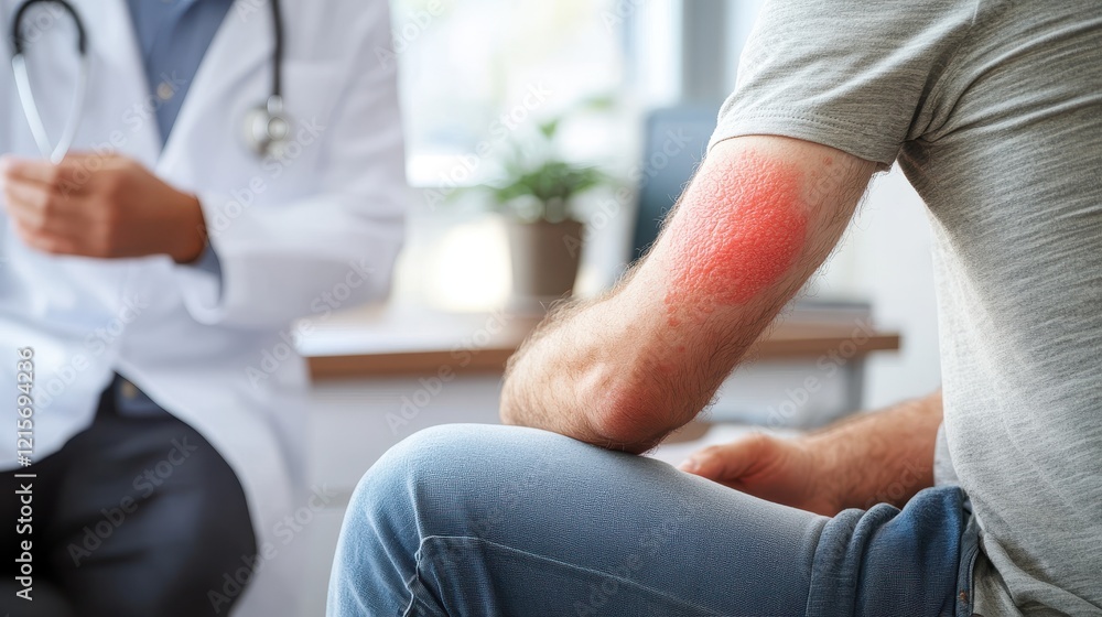 Fototapeta premium Patient with Red Rash on Arm Consulting Doctor