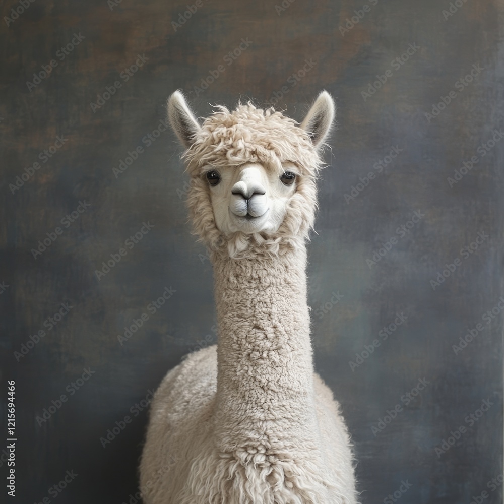 Close-up portrait of a fluffy alpaca against a textured gray background with copy space for text
