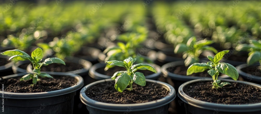 Young plants in black pots arranged in rows in a greenhouse with a focus on vibrant green leaves and rich soil Copy Space Young plants in black pots arranged in rows in a greenhouse with a focus on vibrant green leaves and rich soil Copy Space