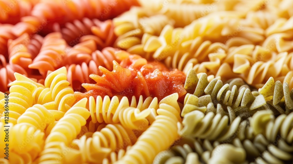Colorful varieties of uncooked spiral pasta arranged in a close-up pattern with Copy Space for text placement Colorful varieties of uncooked spiral pasta arranged in a close-up pattern with Copy Space for text placement