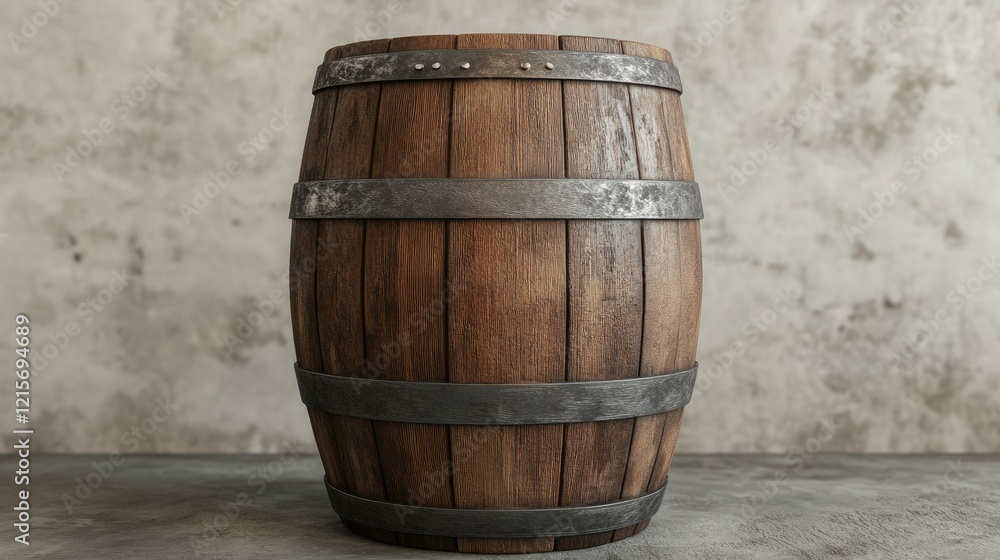 Wooden barrel with metal bands on a neutral background suitable for product display and copy space. Wooden barrel with metal bands on a neutral background suitable for product display and copy space.