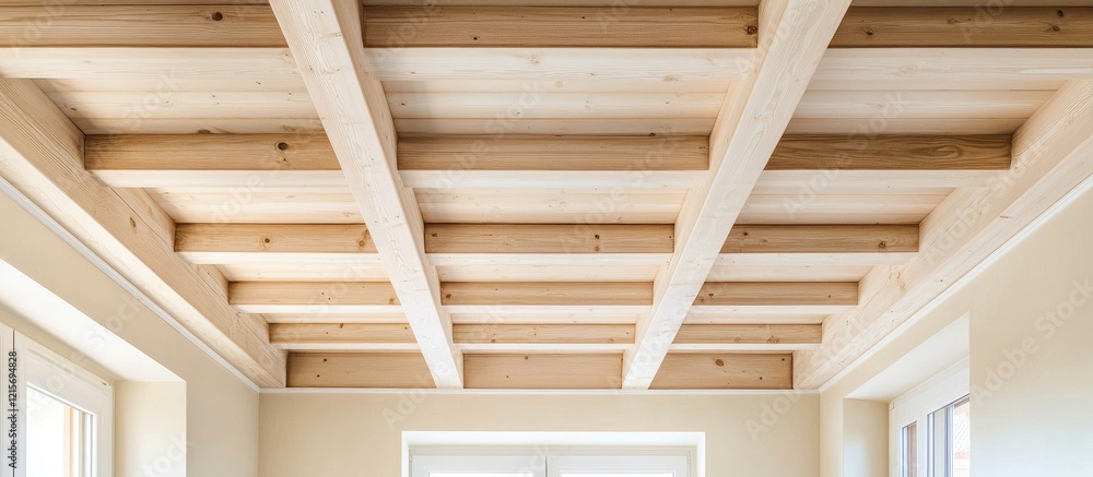 Wooden ceiling beams with a modern design and natural finish in a bright interior space Copy Space Wooden ceiling beams with a modern design and natural finish in a bright interior space Copy Space