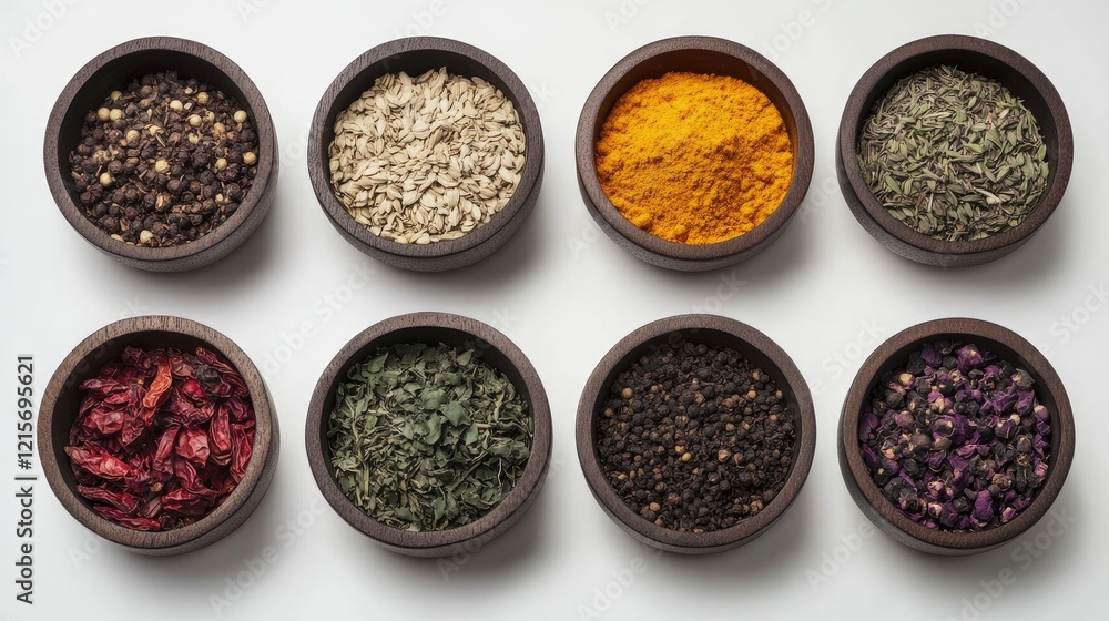 Variety of Dried Herbs and Spices in Bowls on White Background with Copy Space Variety of Dried Herbs and Spices in Bowls on White Background with Copy Space