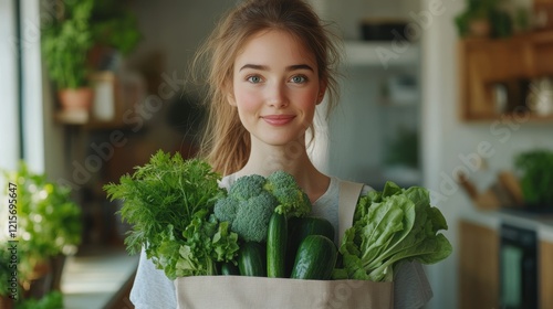 Smiling Young Woman Holding Bag Filled With Fresh Green Vegetables In Kitchen. Zero Waste Concept. photo