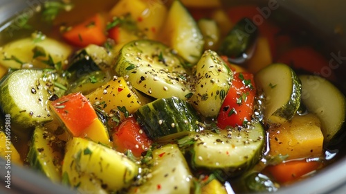 Freshly cooked vegetable medley with zucchini, peppers, and herbs in a pot. Copy Space available. photo