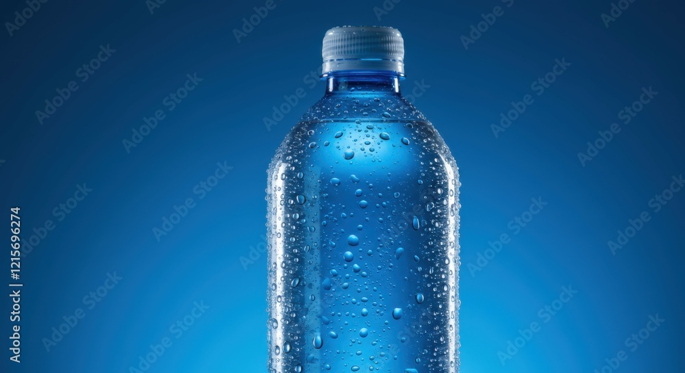 Clear plastic bottle, blue background, water droplets, condensation, macro photography, crisp details, minimalist composition, high contrast, product shot, hydration concept, transparent texture, cool Clear plastic bottle, blue background, water droplets, condensation, macro photography, crisp details, minimalist composition, high contrast, product shot, hydration concept, transparent texture, cool