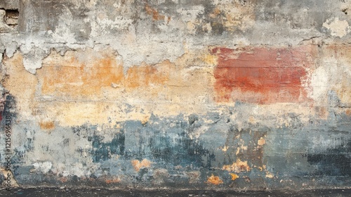 Weathered textured wall with peeling paint in various colors and patterns Copy Space photo