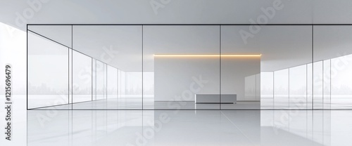 Modern minimalist office interior with glass walls, white walls, and a sleek reception desk.