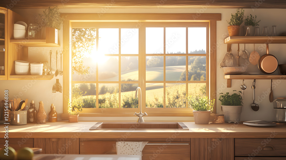 Fototapeta premium Warm kitchen with natural light and garden view through the window.