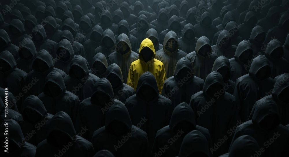 Obraz premium Yellow figure standing out, sea of identical black figures, contrast, individuality, uniqueness, leadership, dark background, monochromatic crowd, vibrant yellow, spotlight effect, conformity vs. nonc