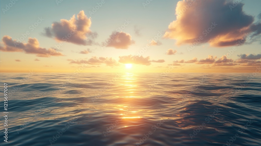 Serene sunset over calm ocean waters with soft clouds reflecting golden light in the background Serene sunset over calm ocean waters with soft clouds reflecting golden light in the background