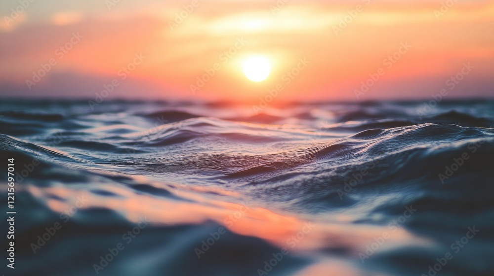 Serene sunset over gentle ocean waves, with vibrant colors reflecting on the water's surface Serene sunset over gentle ocean waves, with vibrant colors reflecting on the water's surface