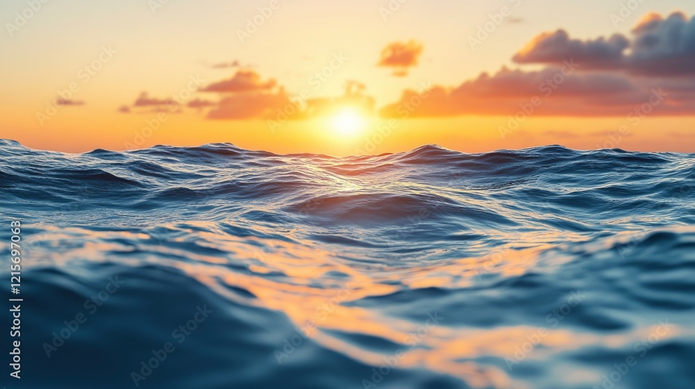 Serene sunset over calm ocean waters with gentle waves reflecting warm hues and distant clouds Serene sunset over calm ocean waters with gentle waves reflecting warm hues and distant clouds