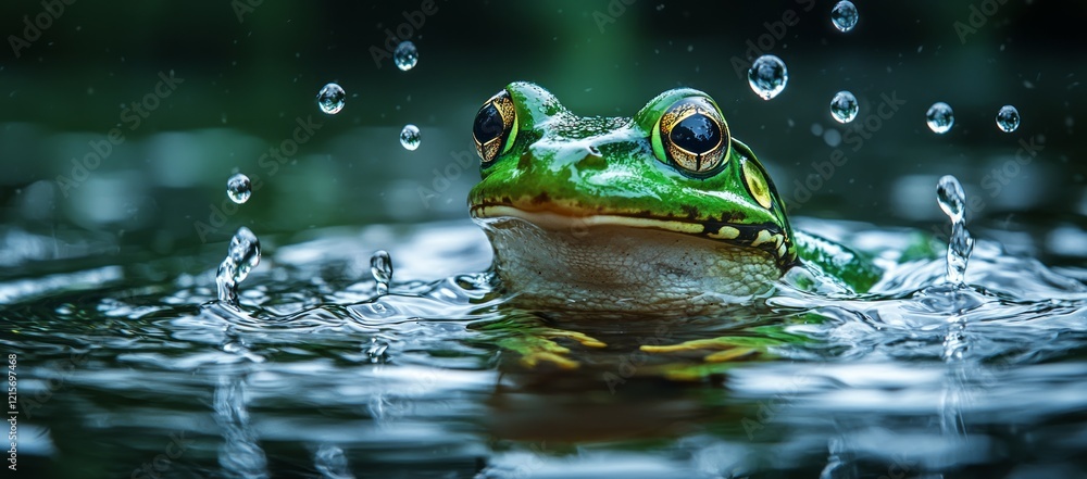 Green frog in water, splashing, nature background, wildlife Green frog in water, splashing, nature background, wildlife