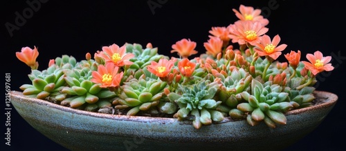 Succulent plant arrangement with vibrant orange flowers on a dark background with ample Copy Space photo