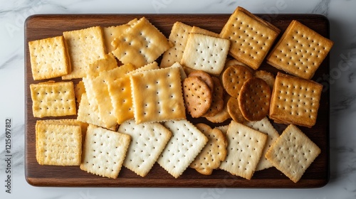 Assorted crackers displayed on a wooden serving board on a marble countertop with Copy Space for text photo