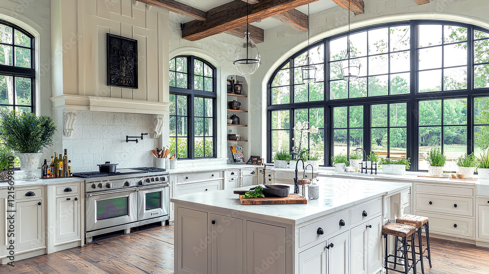Fototapeta premium Modern Farmhouse Kitchen Design: Luxurious Interior with Stunning Views