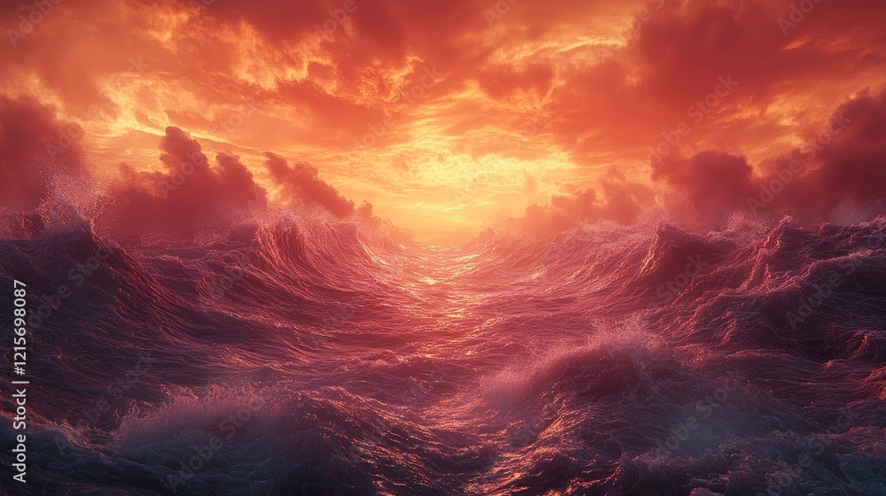 Fototapeta premium Dramatic sunset over turbulent ocean waves, with vibrant colors and dynamic cloud formations