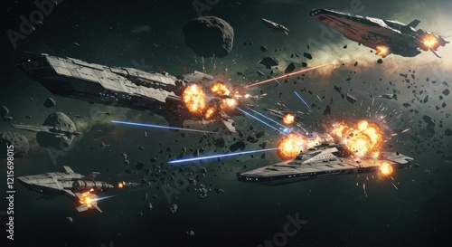 Fototapeta Naklejka Na Ścianę i Meble -  space battle, epic sci-fi warfare, massive spaceships, laser beams, explosions, starfield background, dynamic composition, cinematic lighting, high detail, photorealistic rendering, dramatic, action-p